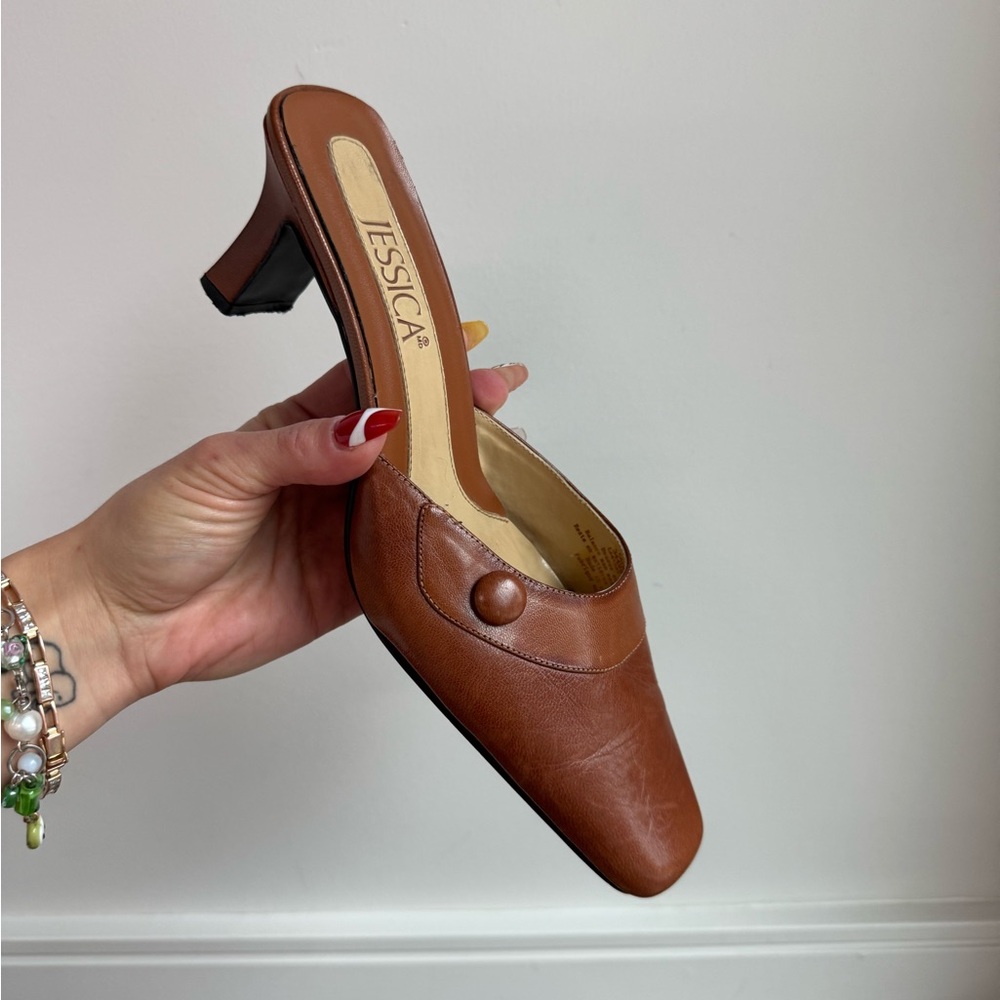 Jessica Brown Leather Slip-On Heels